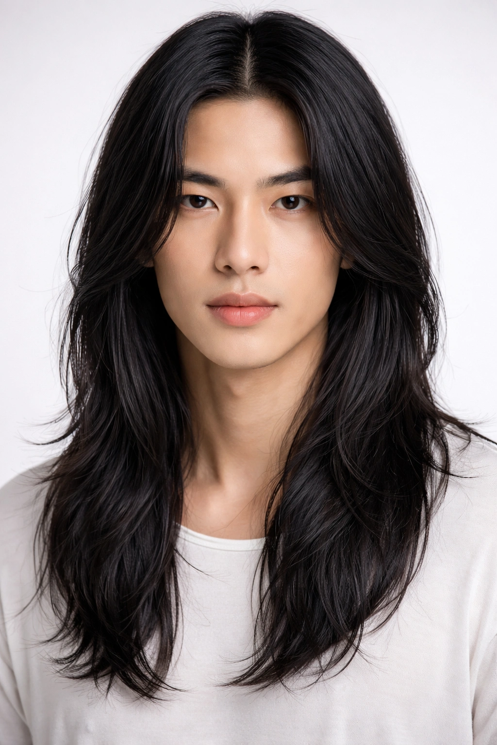 Front portrait of hair with a precise middle part and long layered strands