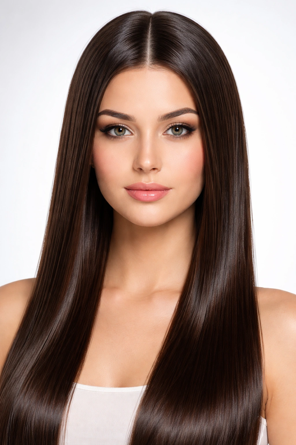 Full head of straight glossy hair with a precise center part