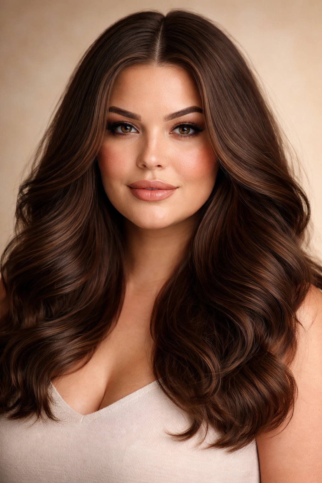 Plus-size woman with a voluminous middle-part hairstyle and symmetrical waves