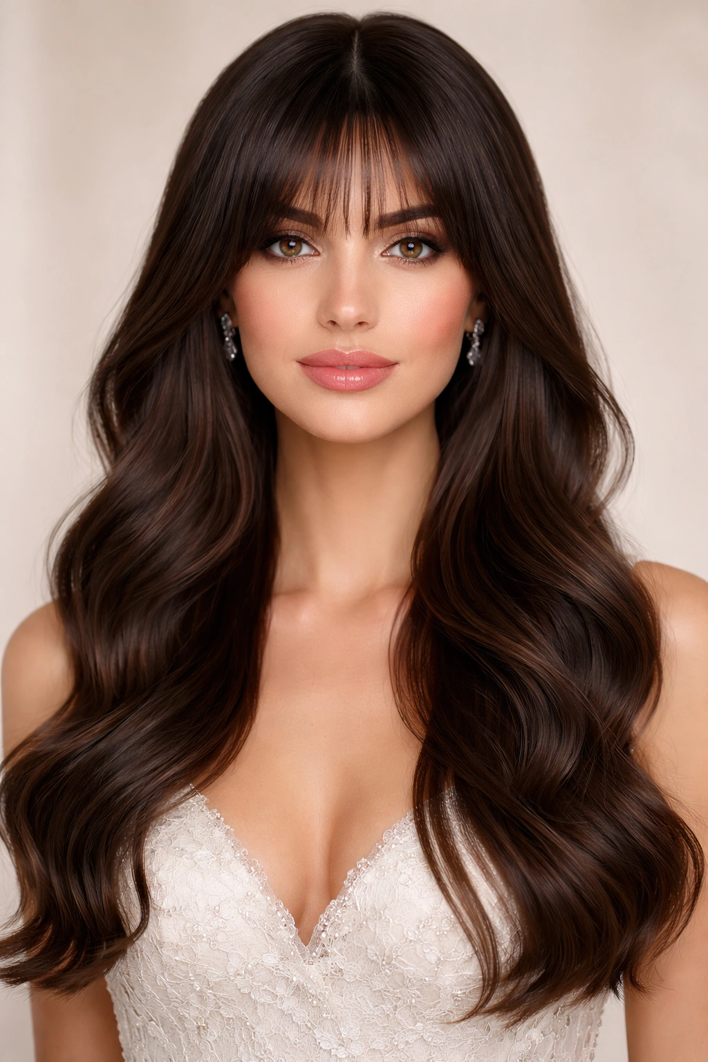 Sleek middle-part with smooth waves and bangs flowing free in a bridal look.