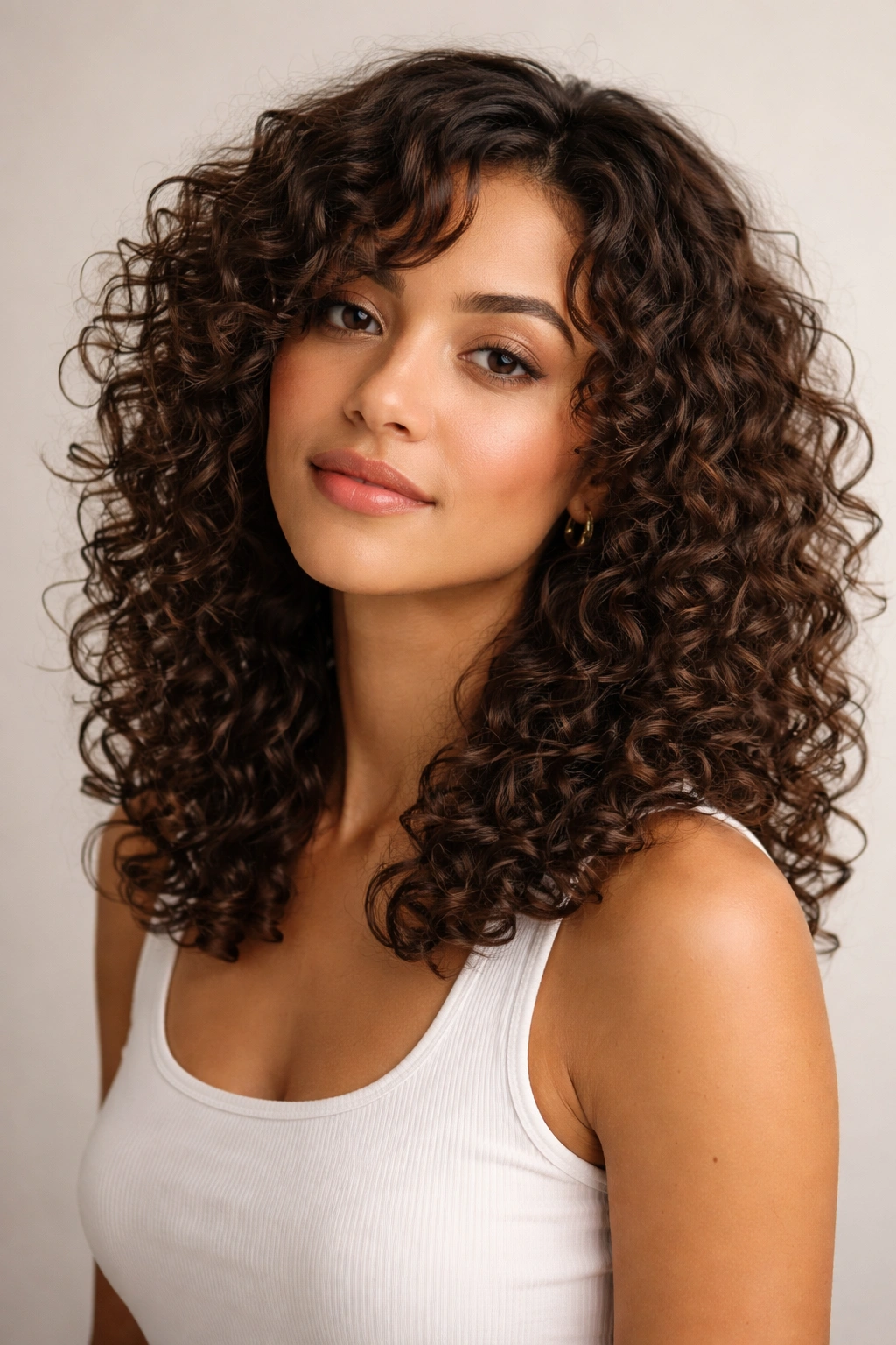 Mid-length curly cut showing defined curls and blended layers.