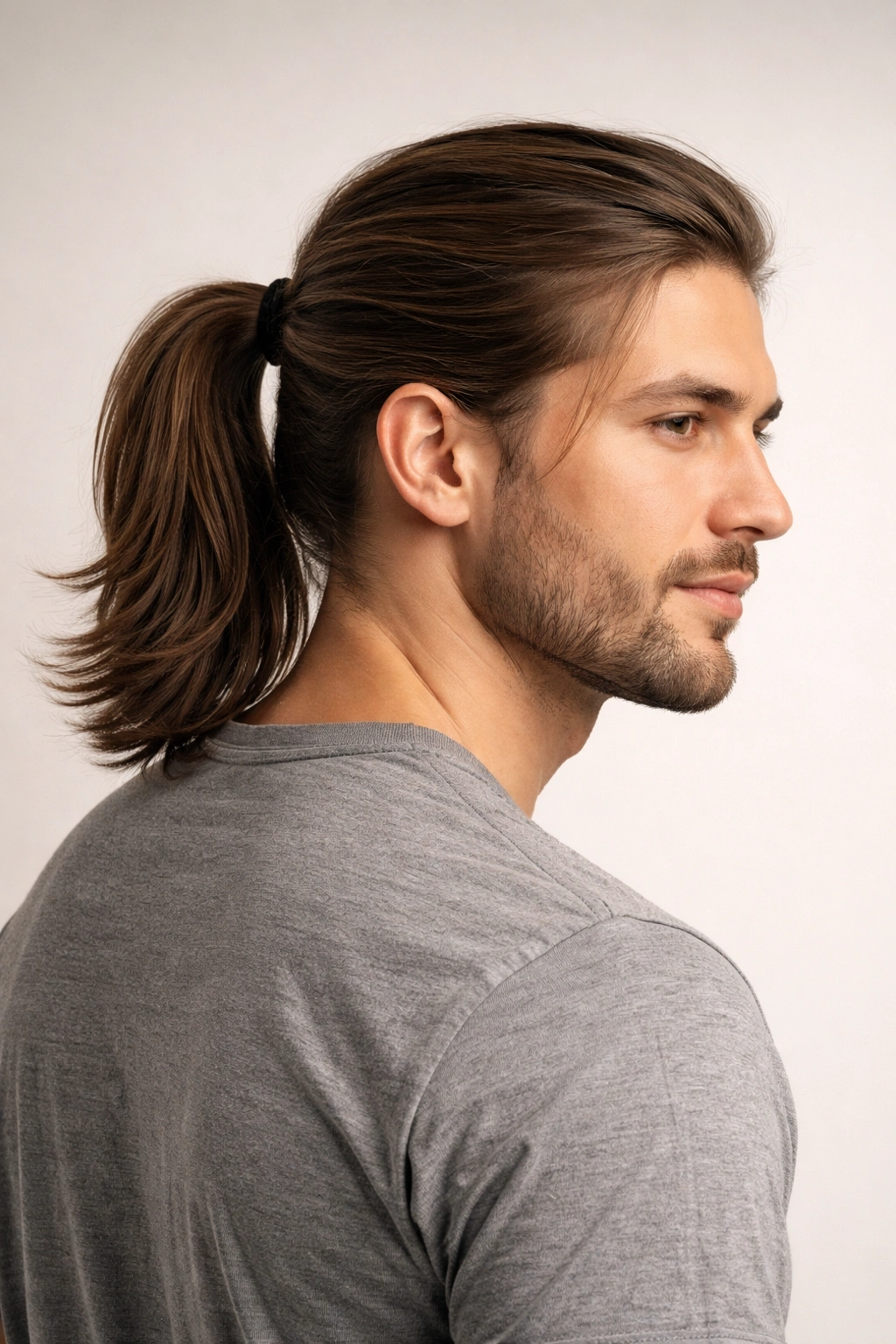 Rear three-quarter view of a person with a mid-level ponytail