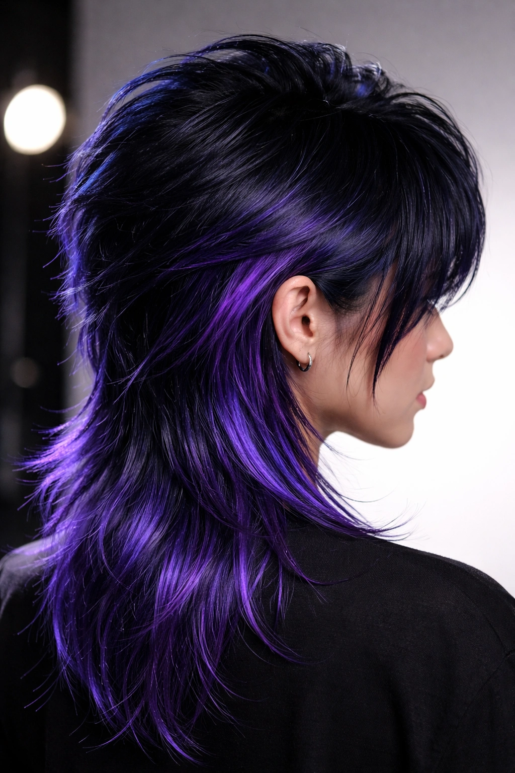 Deep blue-black mullet with iridescent purple shimmer on back
