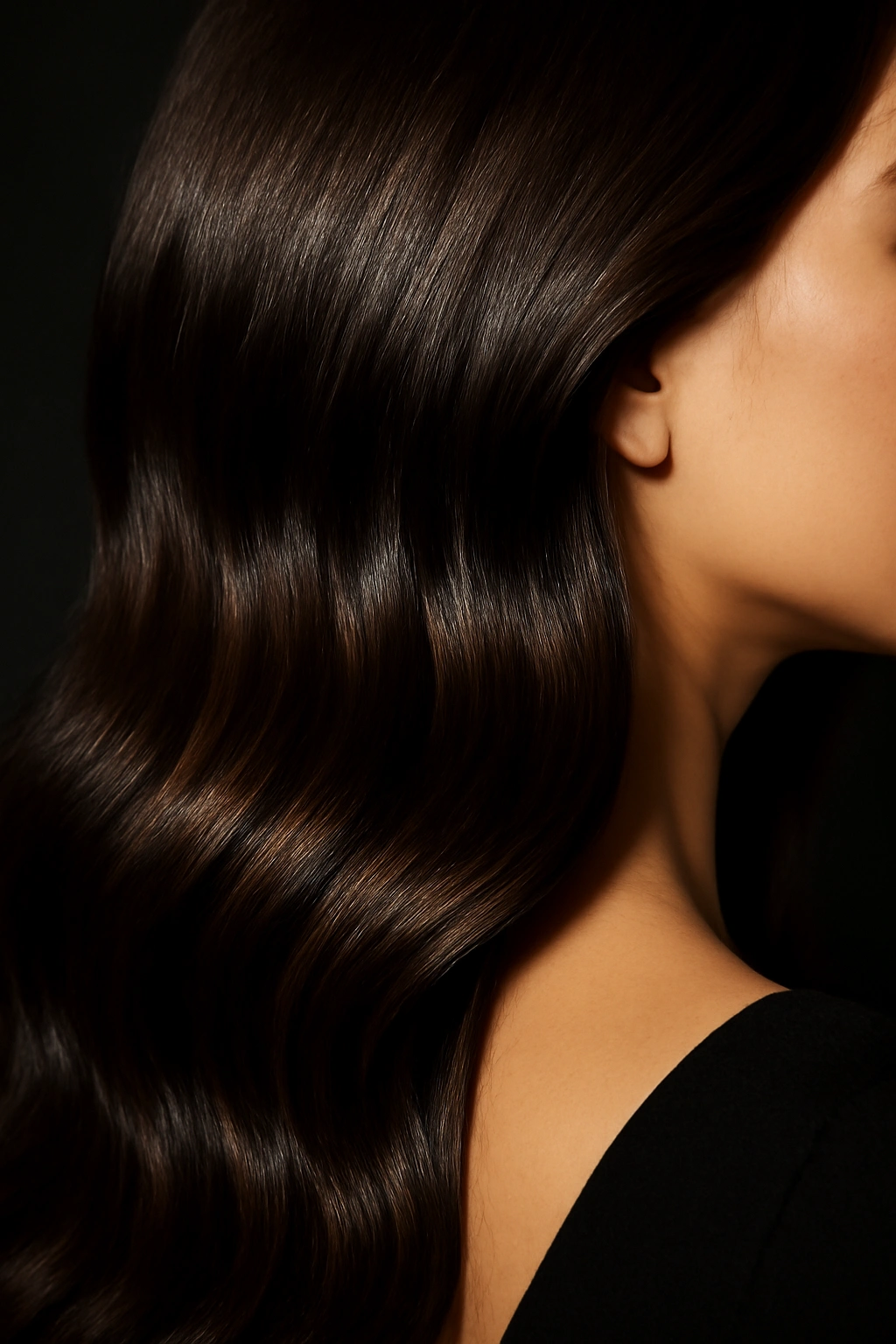 15 Dark Chocolate Hair Ideas That Look Rich and Luxurious on Every Skin Tone 8 Close-up of near-black hair with gold undertones shining in light