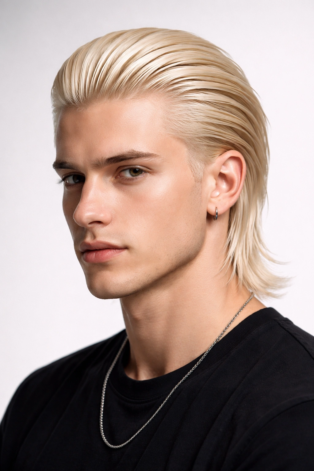 Mikey slicked-back blonde hairstyle with sleek, uniform shine.
