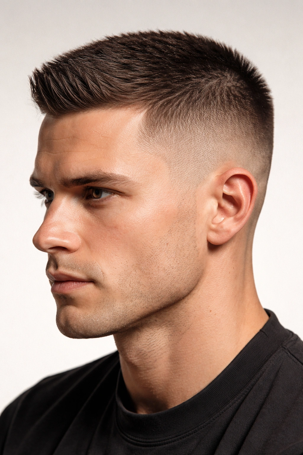 Close-up of head with a military crew cut showing tight sides