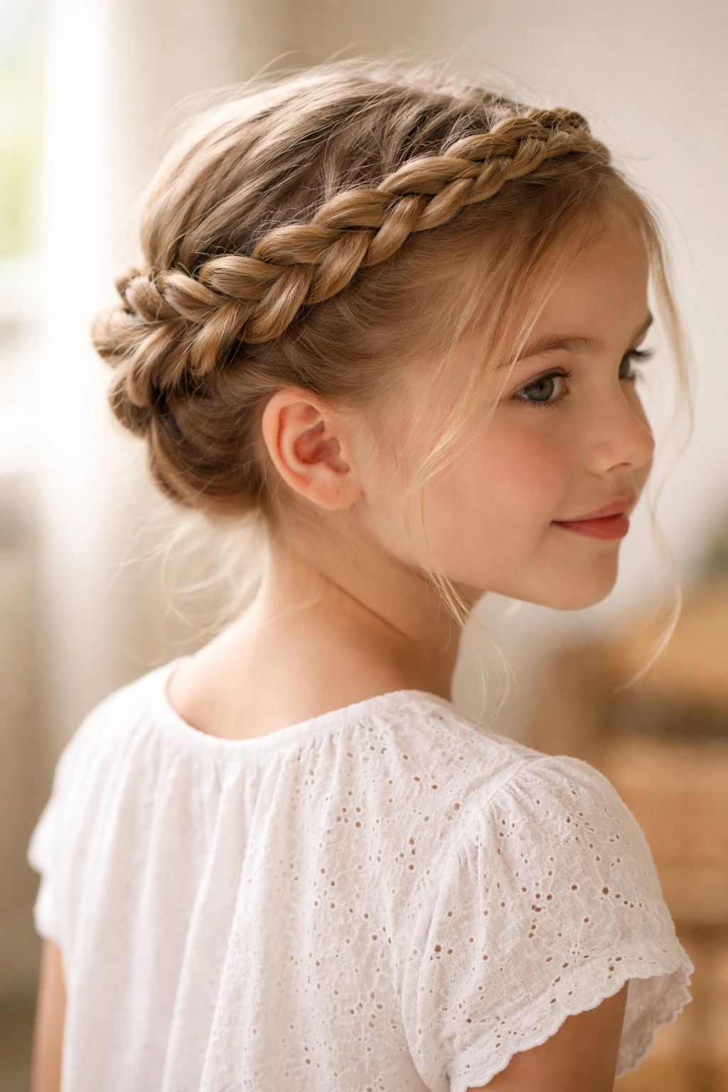 Child with two braids wrapped around the crown forming a milkmaid style