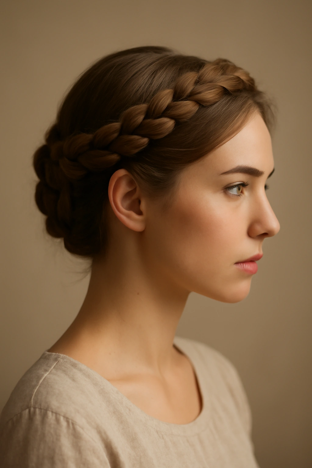 Halo-style milkmaid braids wrapped around the crown for a romantic professional look