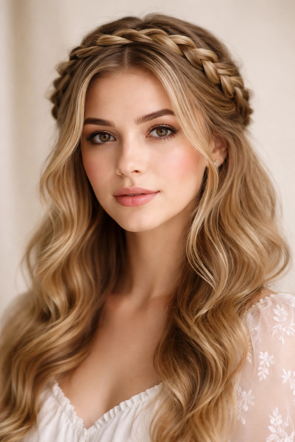 Front view of milkmaid crown braid with waves underneath