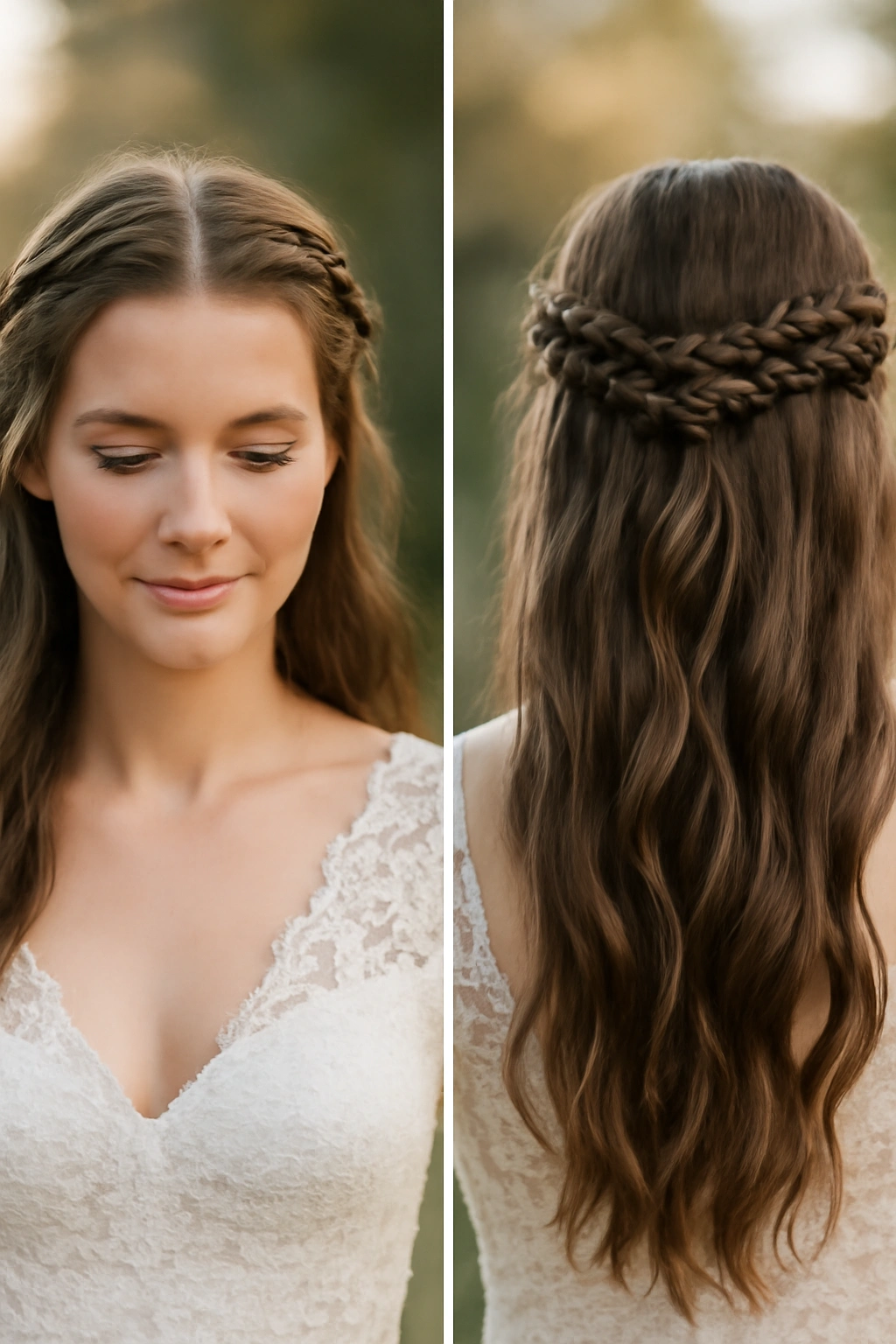 8 Half-Up Braided Styles That Were Made for Weddings 7 Two milkmaid braids wrapping around the crown with loose hair underneath.