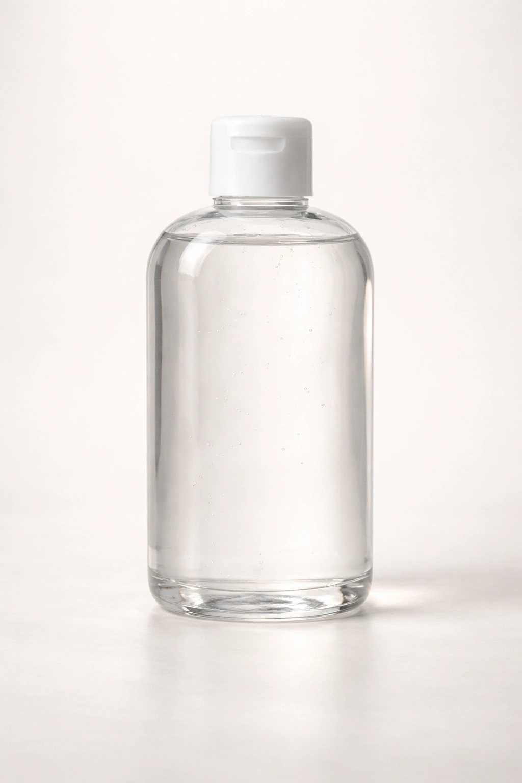 Label-free mineral oil bottle with white cap on neutral background