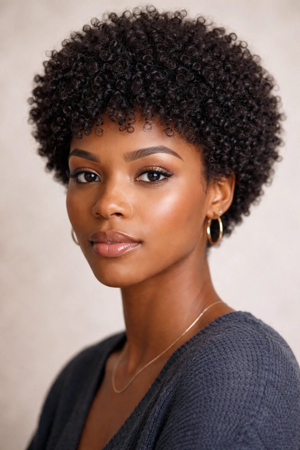 Close-up of a person with a rounded mini afro and natural curls (1-2 inches)