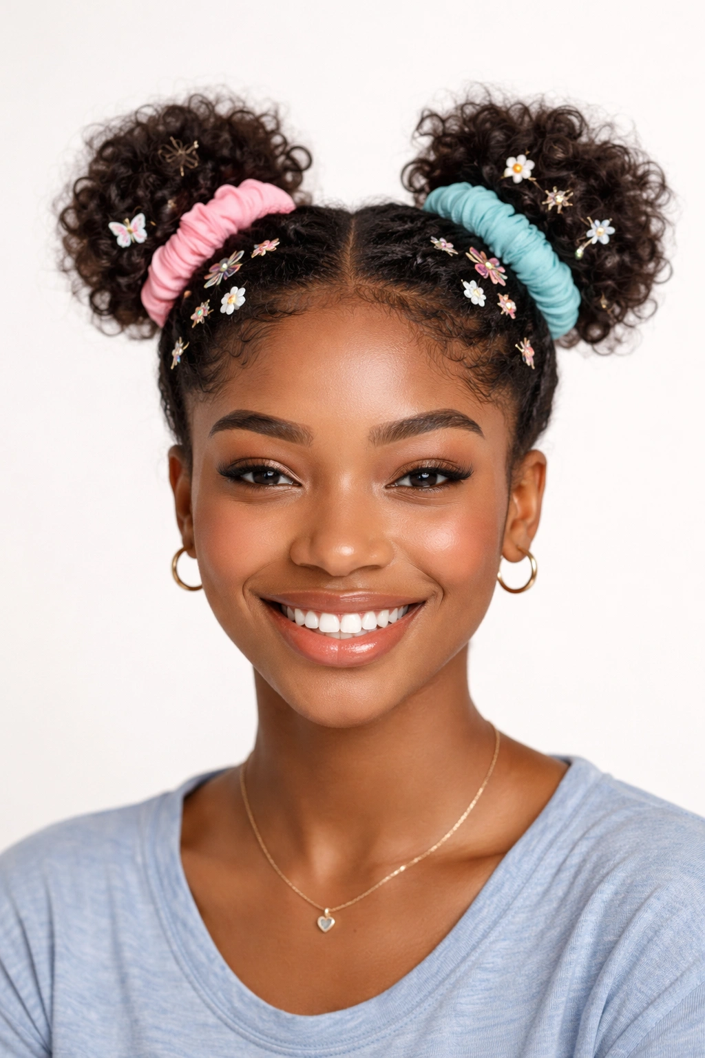 Dual mini buns with colorful accessories on natural hair