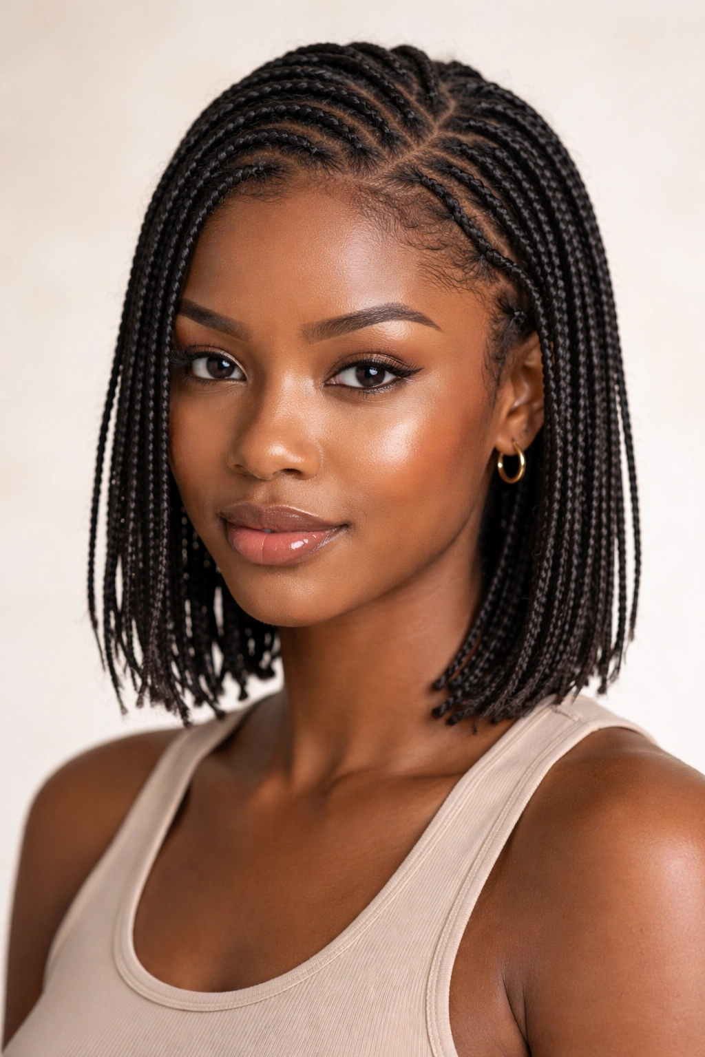 Close-up of ultra-thin knotless braids on short hair highlighting scalp and roots