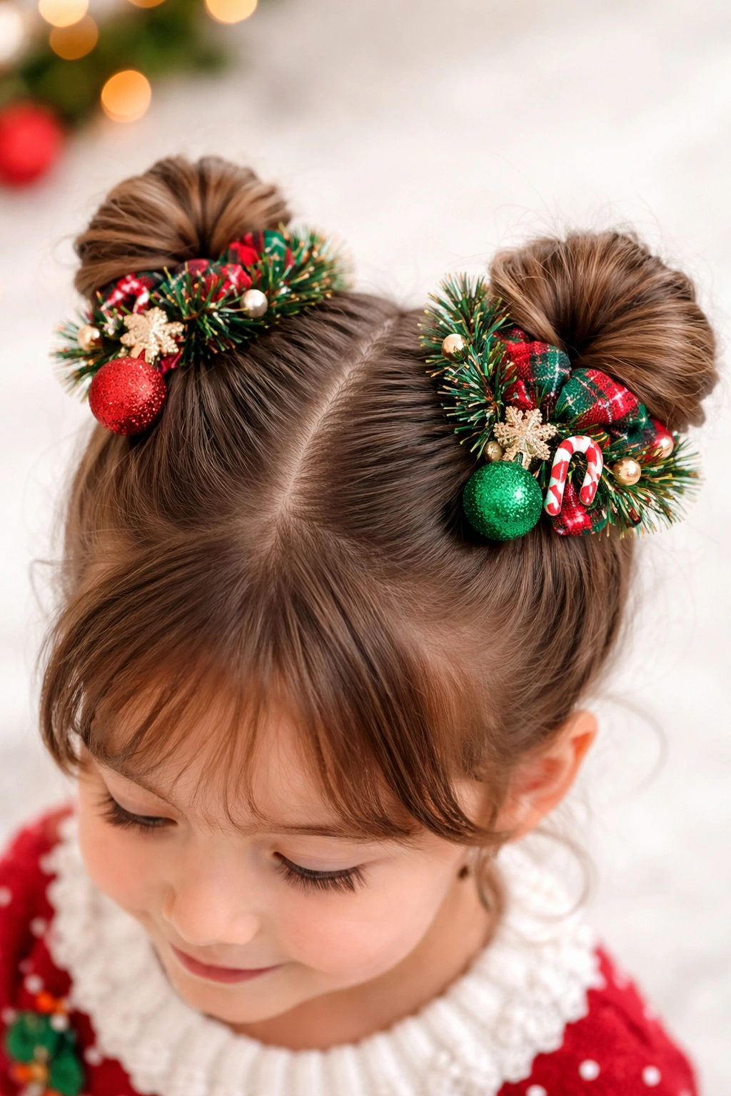 Two mini space buns with holiday accessories like tinsel and ornaments