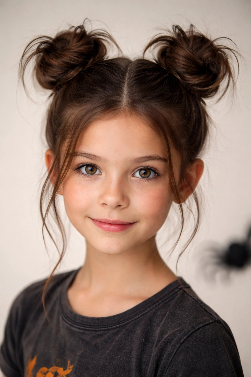 Two small high buns on head, Halloween-inspired look without accessories.