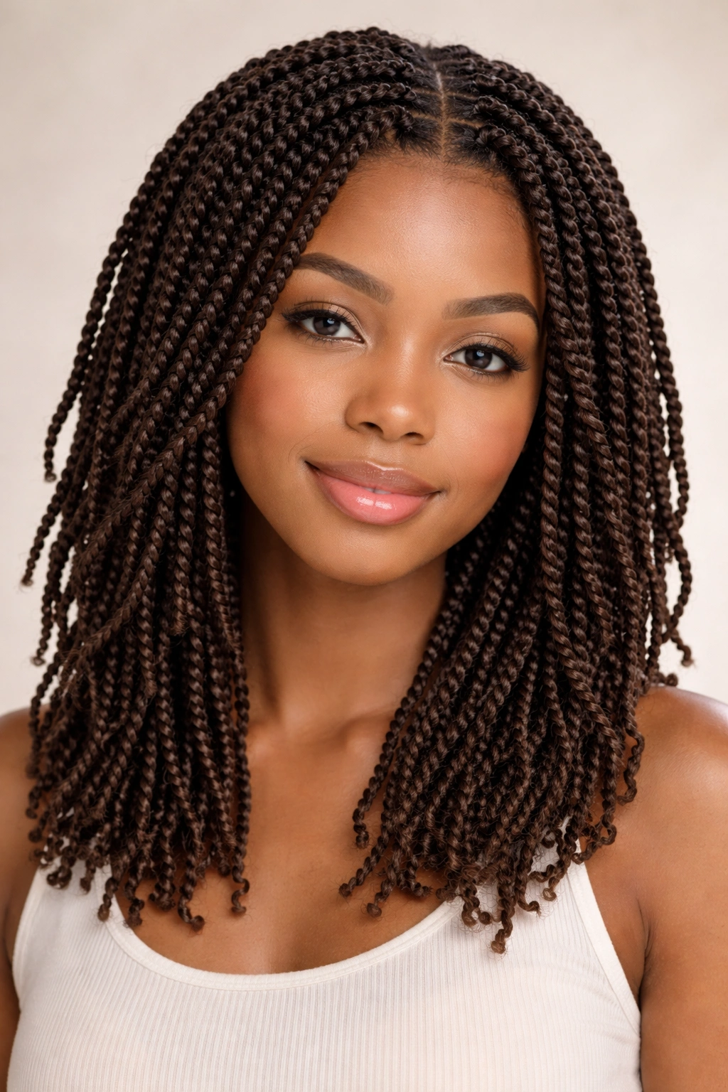 Close-up of uniform mini twists on natural hair with soft studio lighting