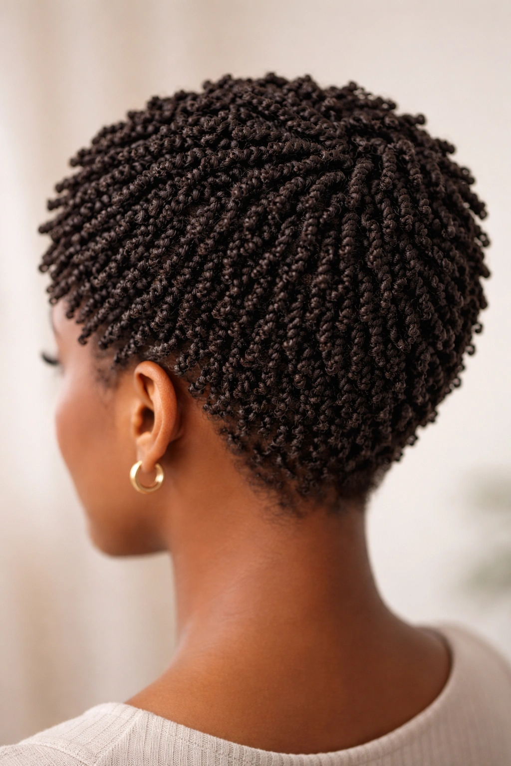 Close-up of numerous tiny twists on a short afro, showcasing texture and density