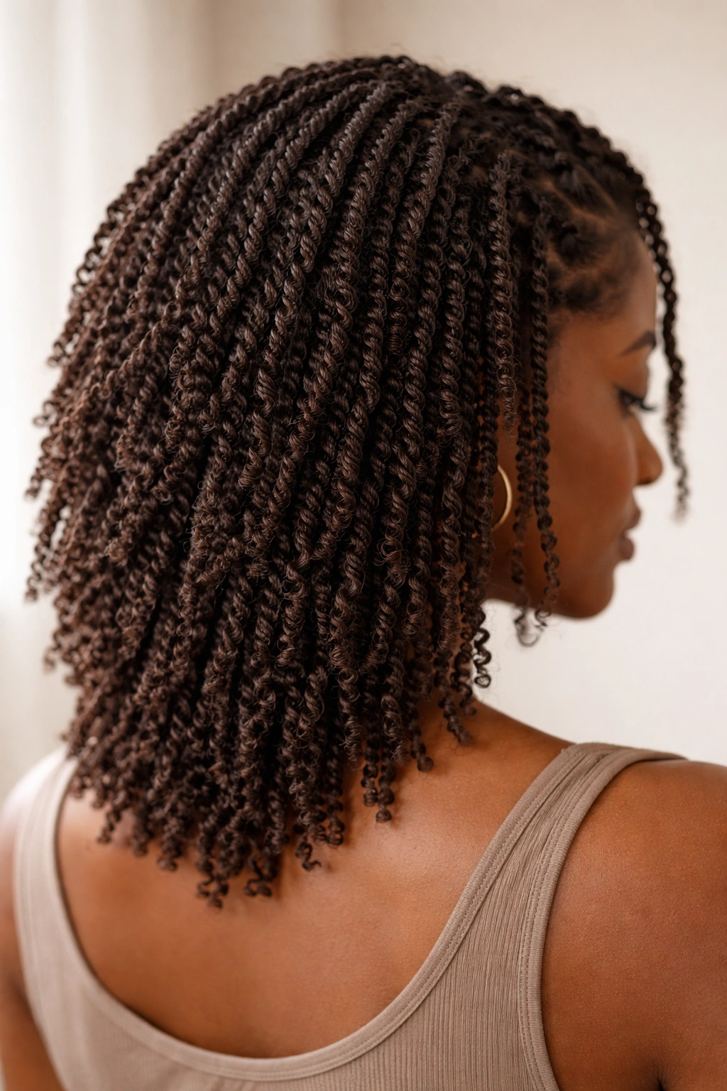 Close-up of a head with dozens of mini twists showing intricate lace-like texture across hair textures