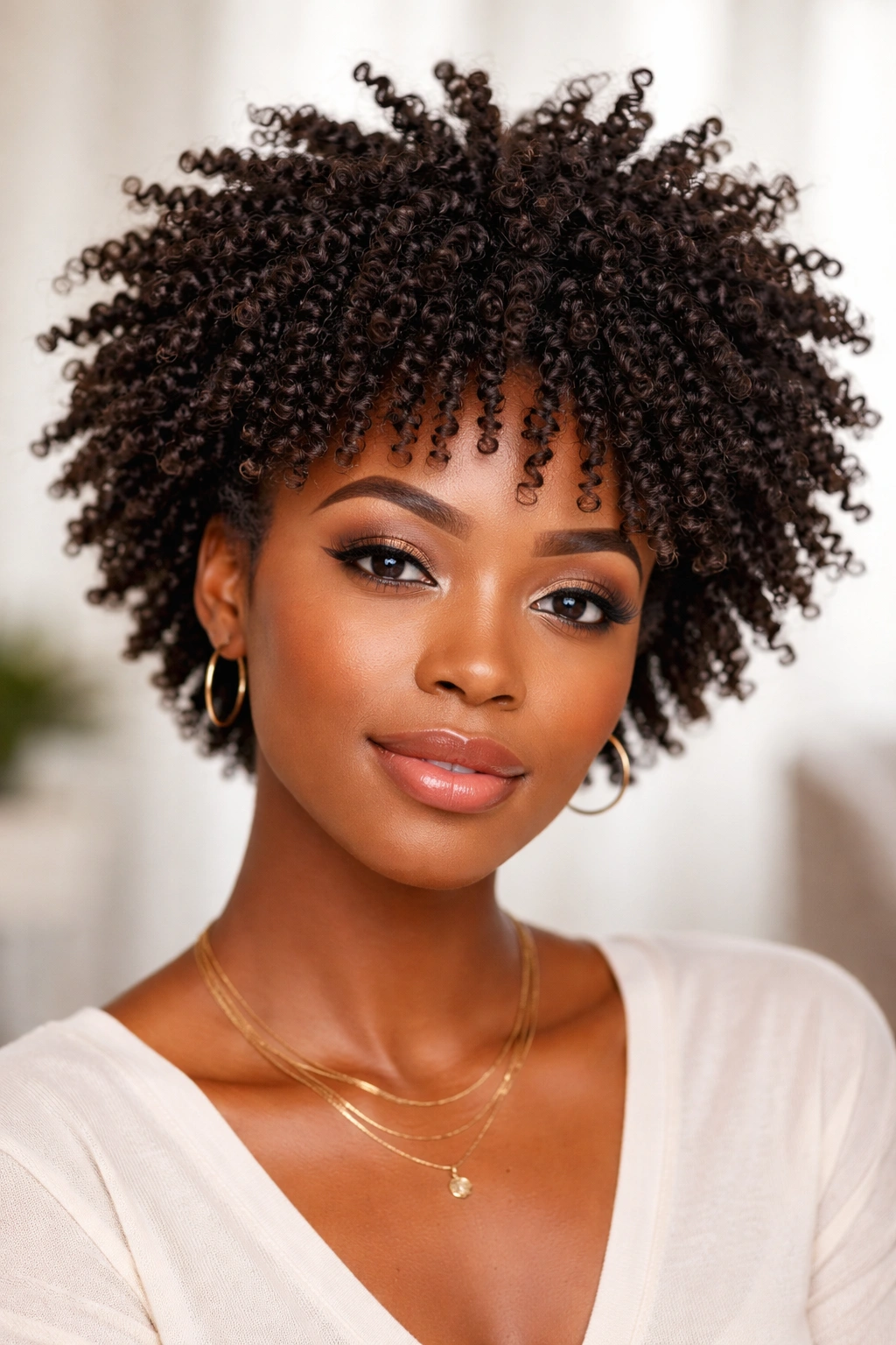 Short natural hair with numerous tiny twists creating volume and texture
