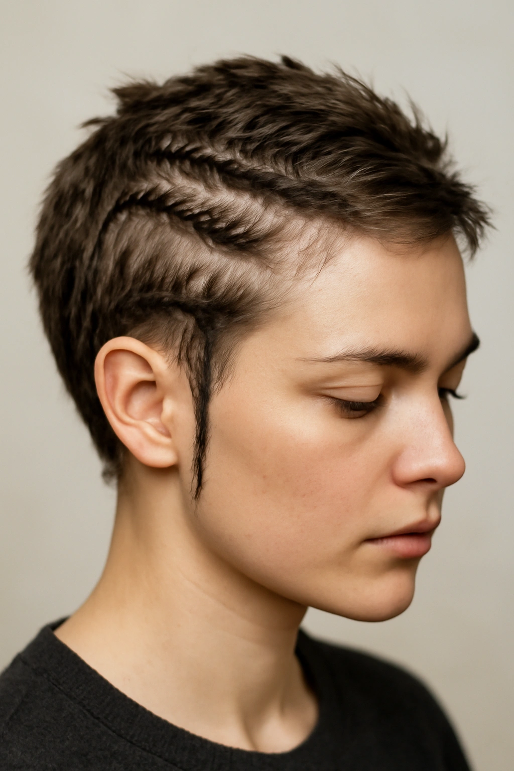 Head-and-shoulders view of short hair with multiple small thin braids across the scalp