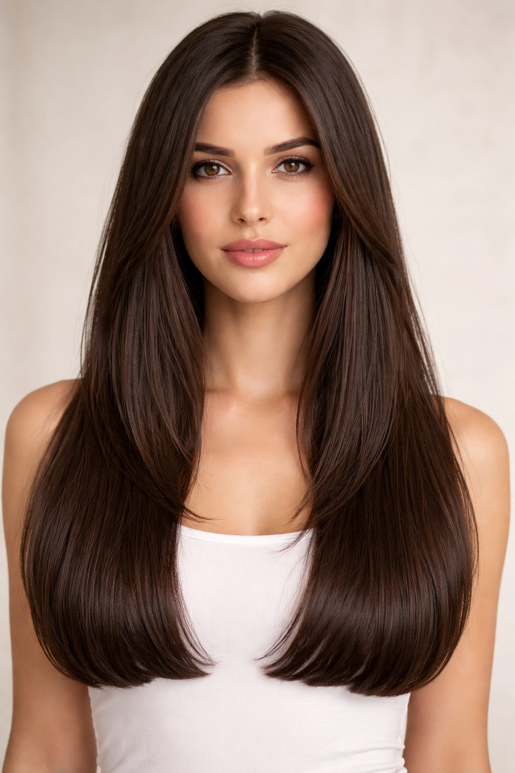 Hair with minimal layering and thick blunt ends, full-bodied silhouette