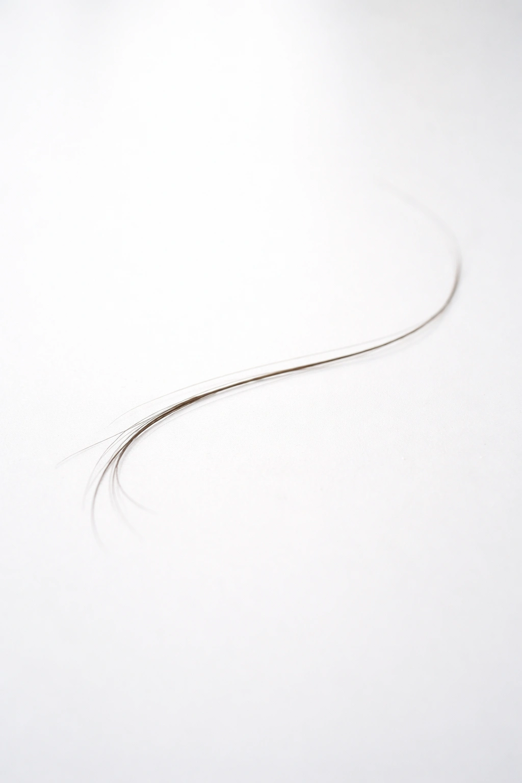 Close-up of a single hair strand on a white surface illustrating minimal daily shedding