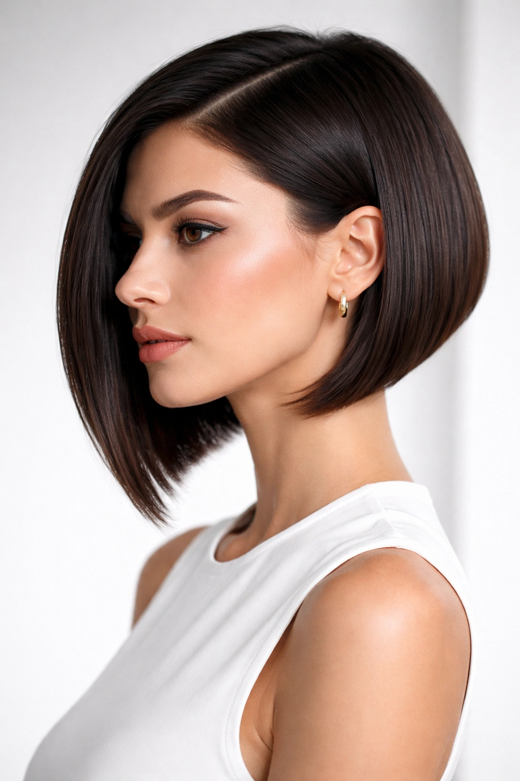 Profile or front view of minimalist angled bob with crisp lines and polished finish