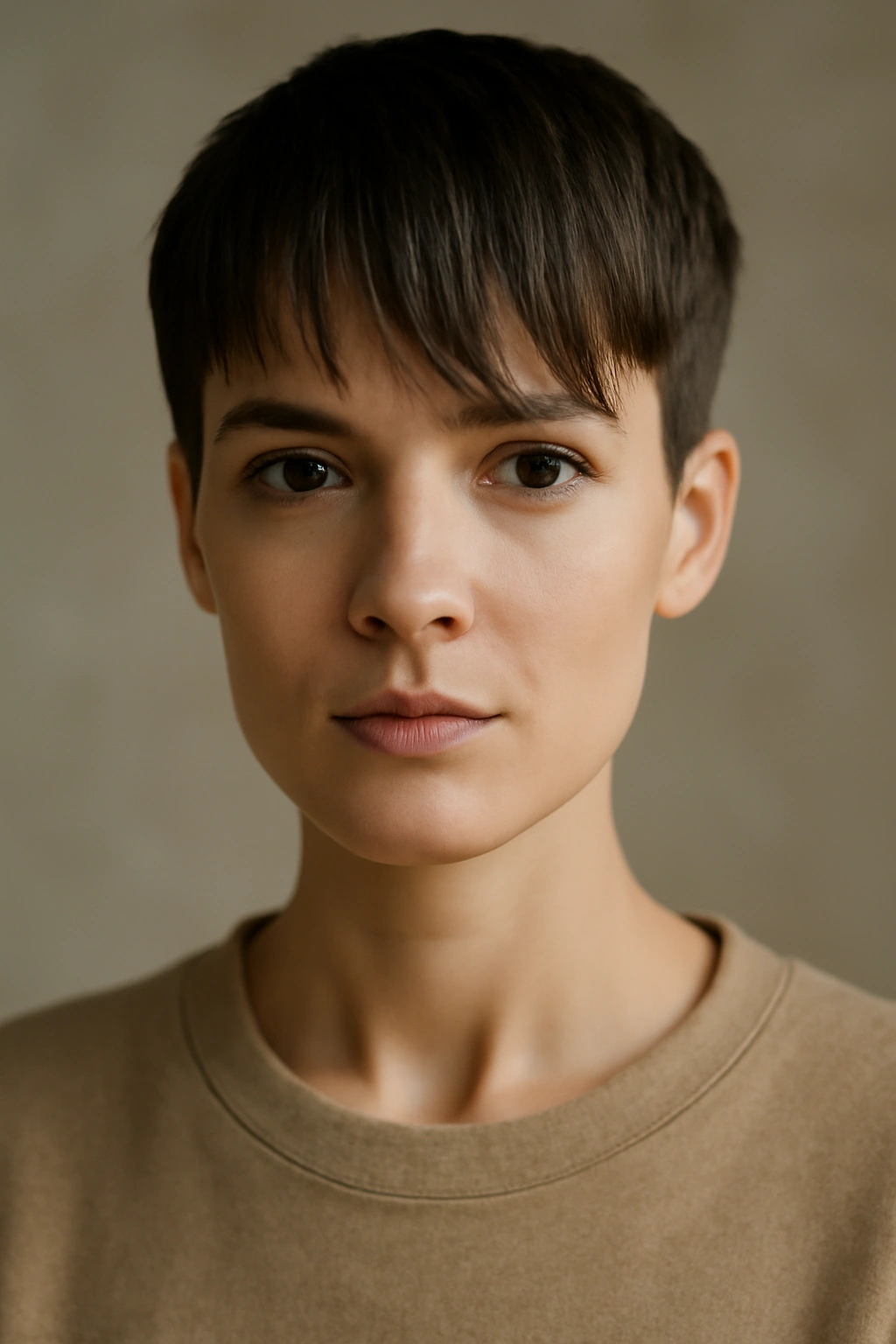 15 Short Pixie Cuts That Glow Up Your Look After 30 13 Portrait of a person with a minimalist crop and longer bangs for face framing
