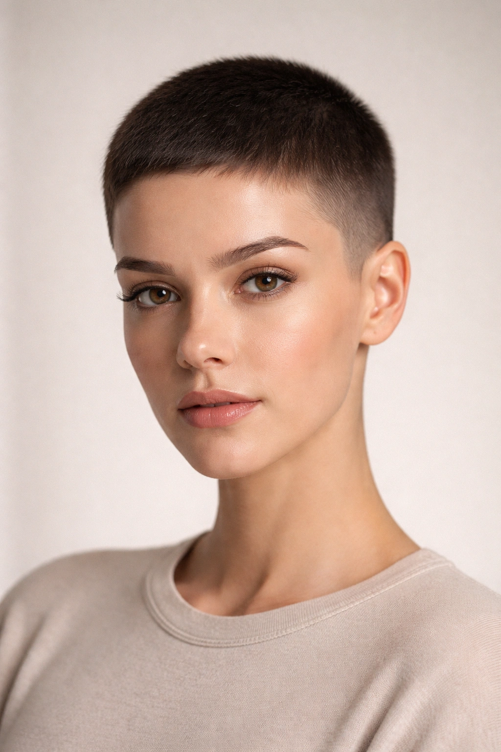 Close-up portrait of ultra-short minimalist crop with geometric silhouette