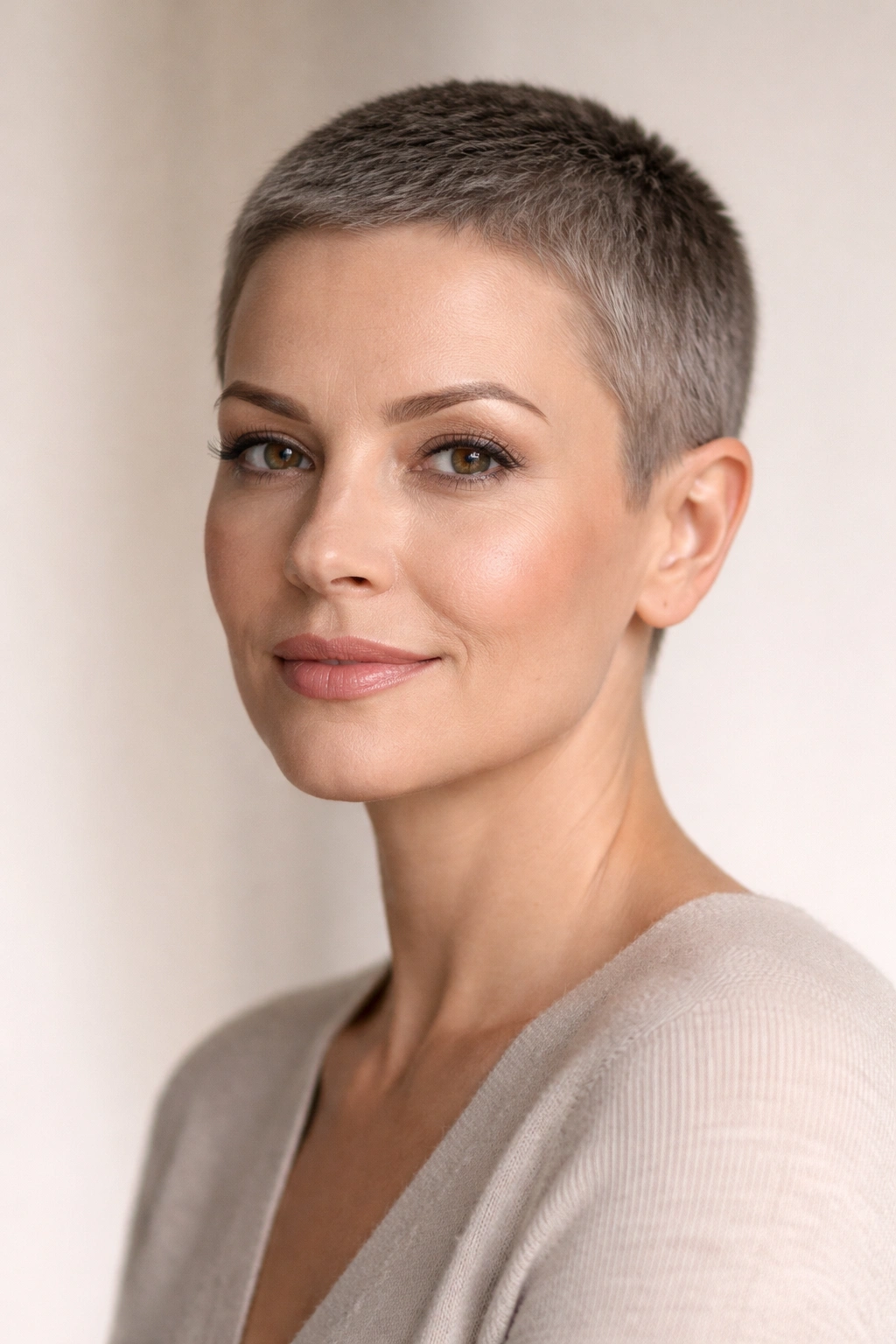 18 Short Hairstyles For Round Faces Over 40 13 Close-up of a woman with a minimalist crop showing a precise 1-inch short hairstyle