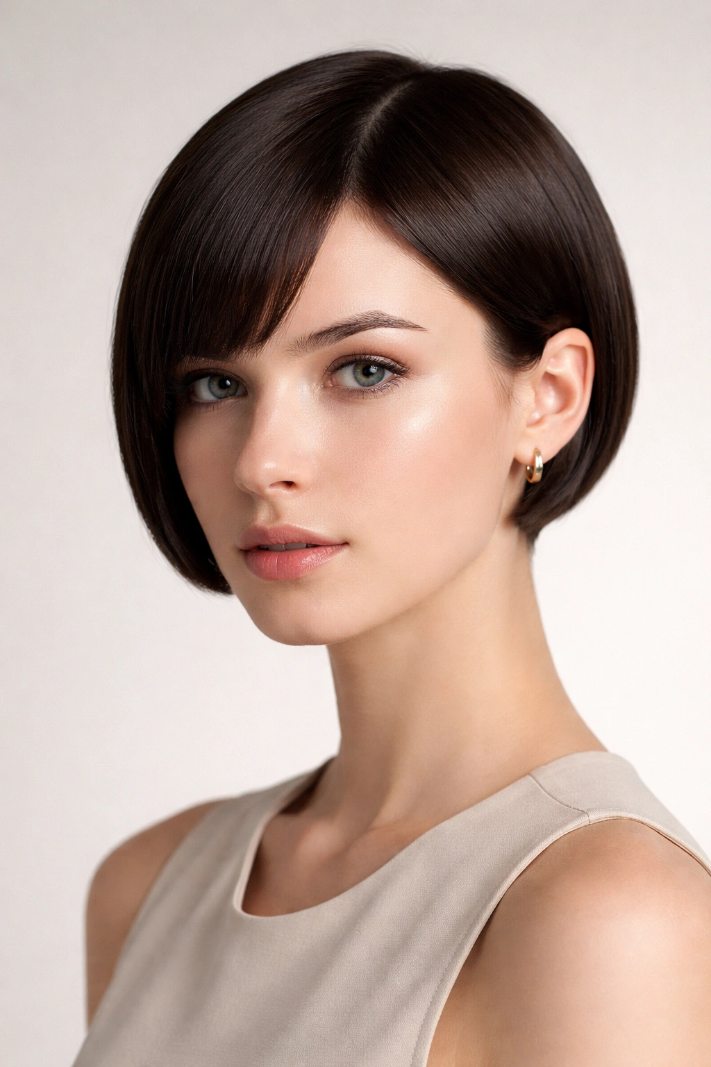 Close-up of a one-length minimalist cut on straight hair showing clean silhouette.