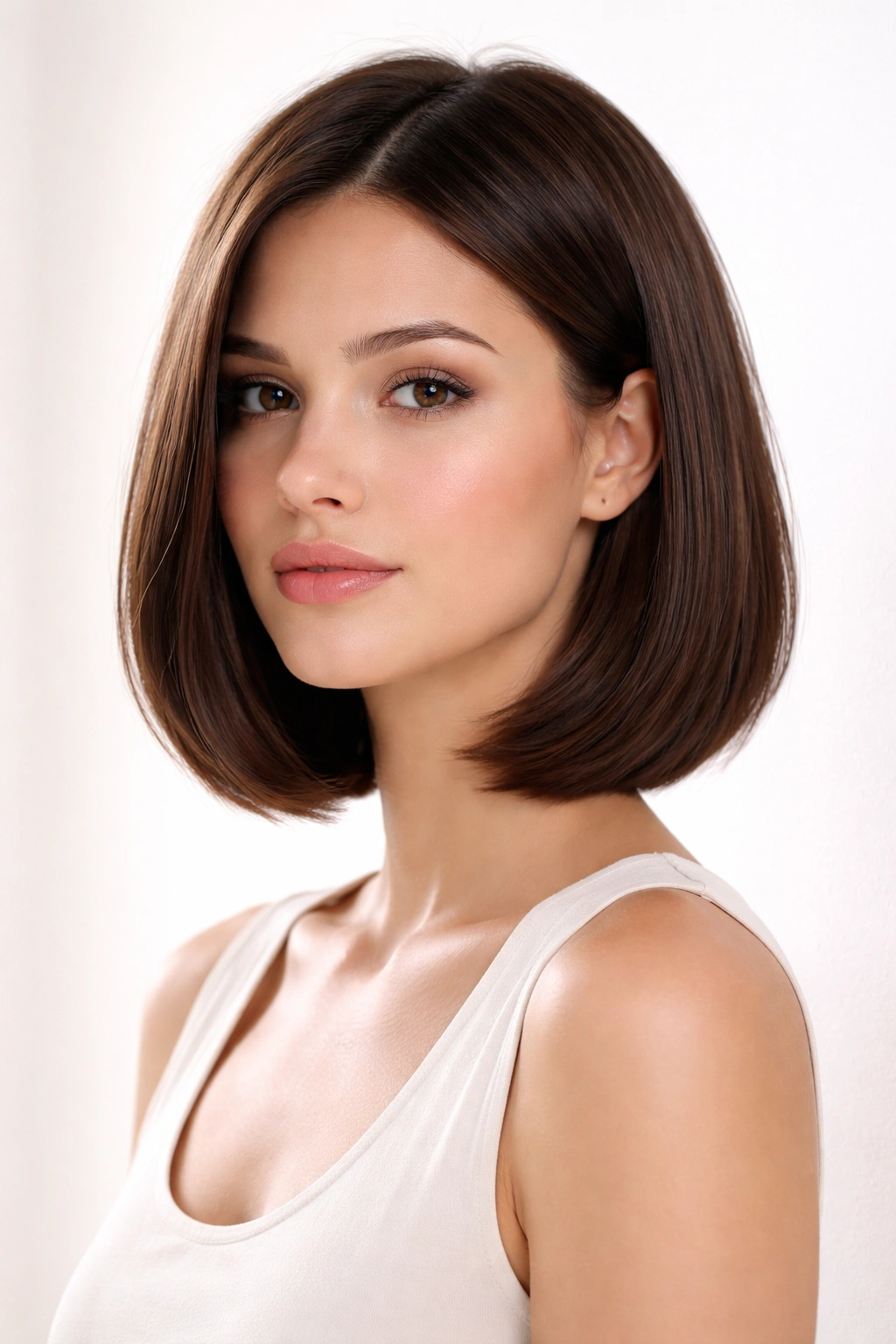 Chin-length minimalist medium hairstyle with sleek silhouette
