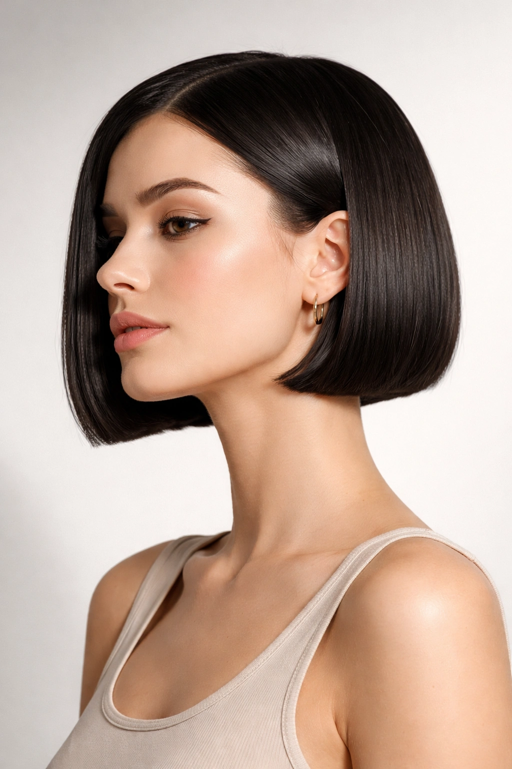 Close-up of a minimalist straight short bob with sharp edges.