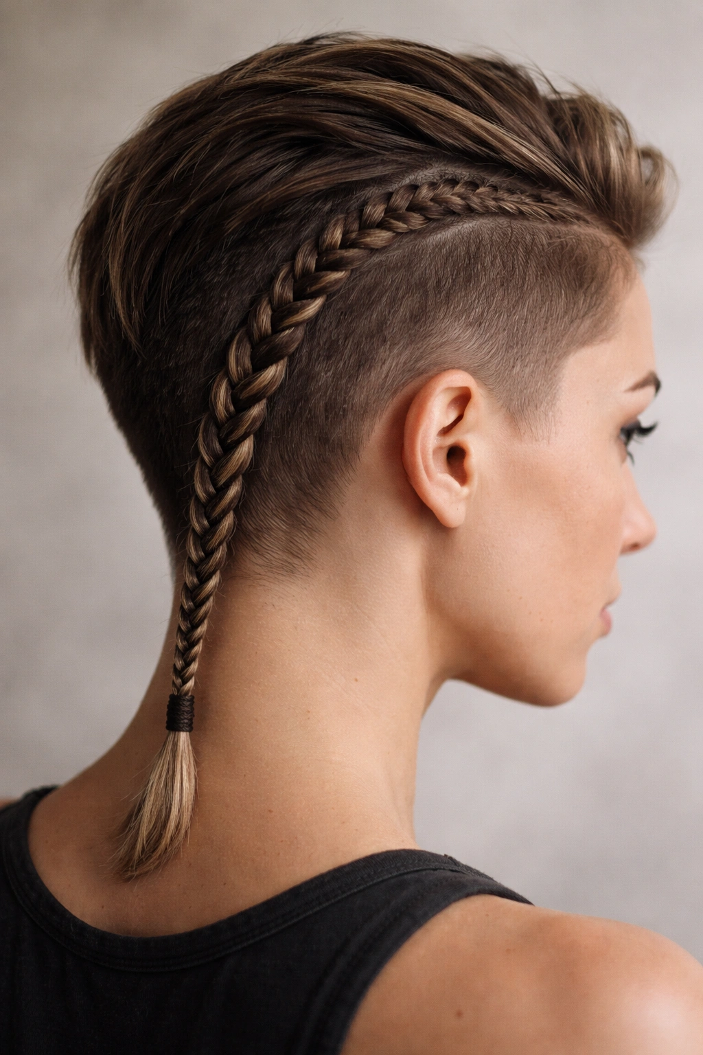 10 Viking Inspired Braids That Work Well On Short Hair 8 Close-up of a short-haired model with a single tight wrap braid along the scalp