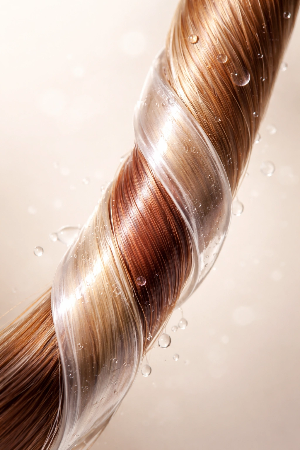Hair strand with a protective coating showing reduced dye damage