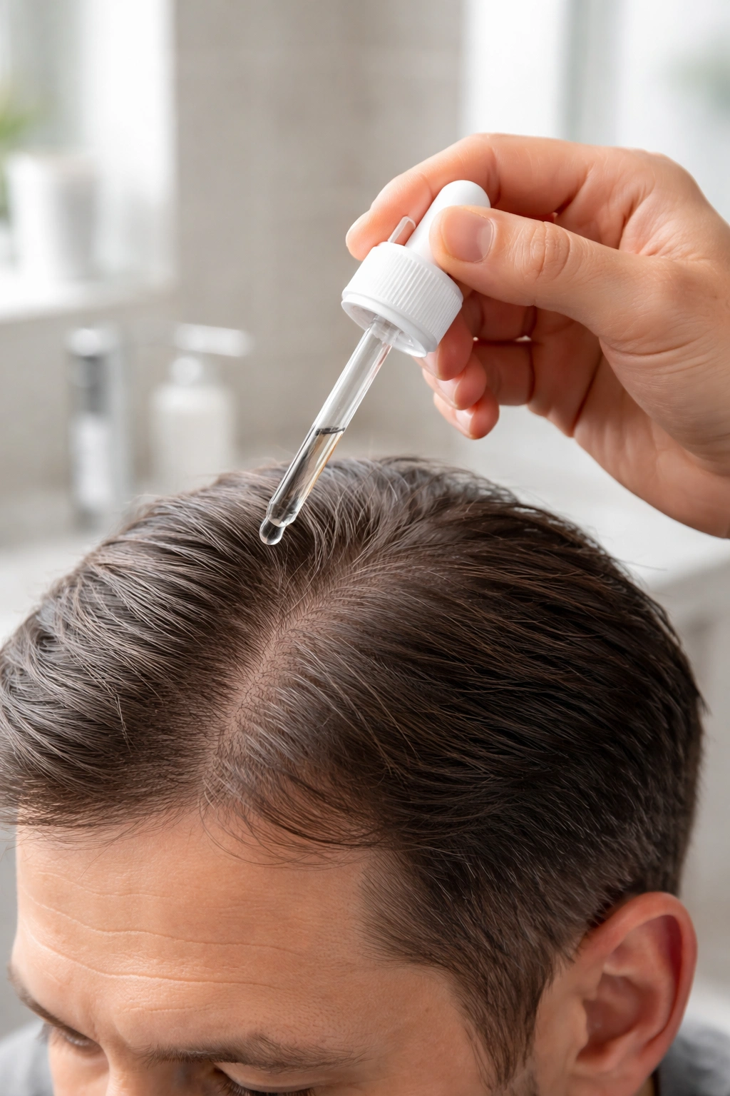 Hand applying minoxidil solution to scalp with dropper