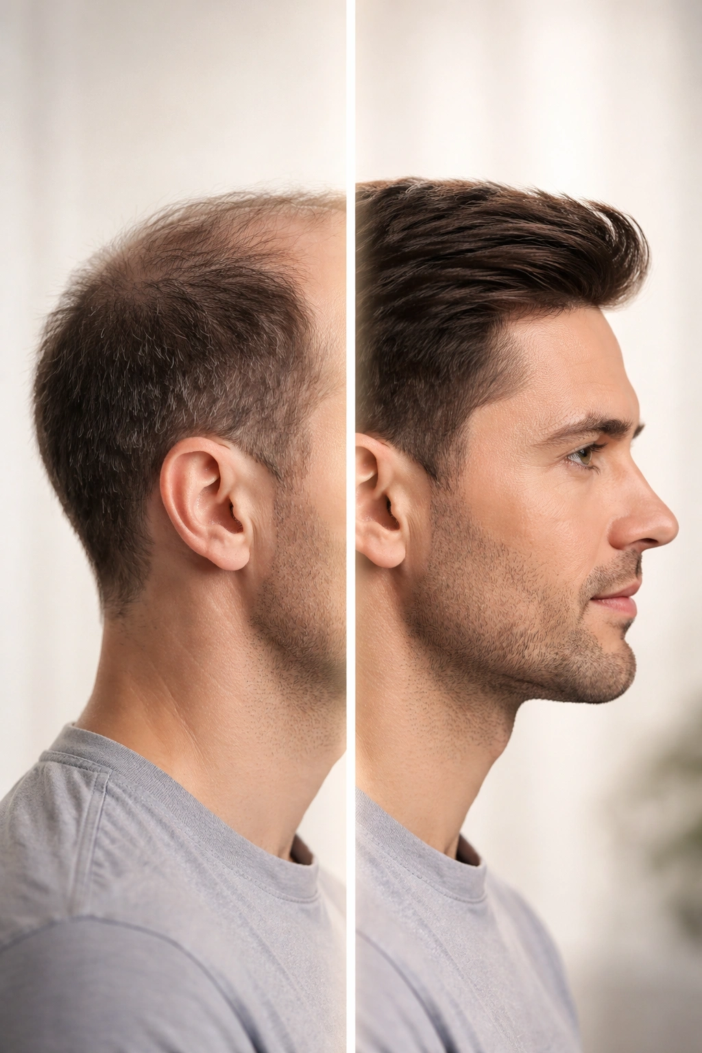 Head silhouette showing improved hair density on the after side to illustrate clinical evidence