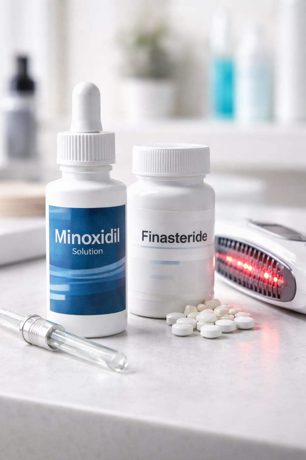Minoxidil bottle placed with another treatment to show combination therapy