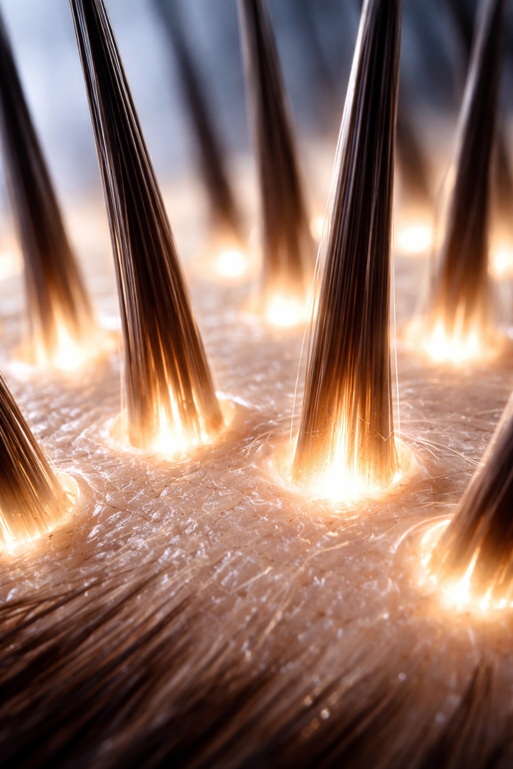 Macro view of scalp with healthy follicles illuminated to suggest effective medical treatment.