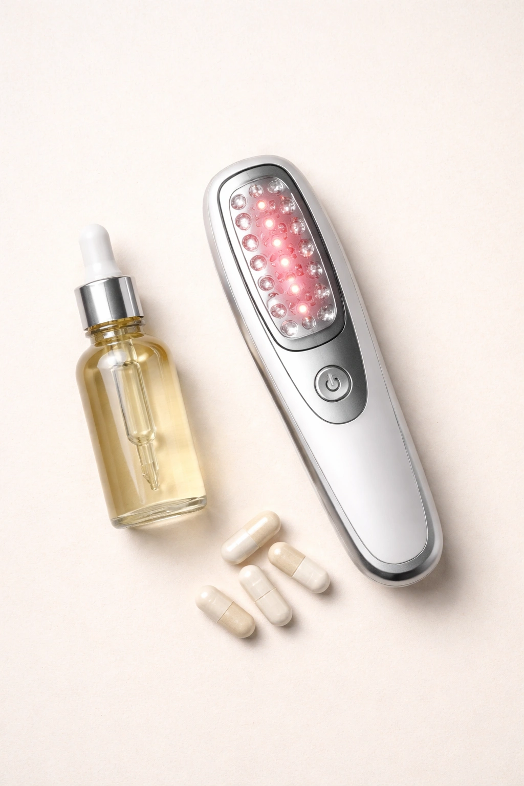 Flat lay of combined hair loss treatments devices and capsules