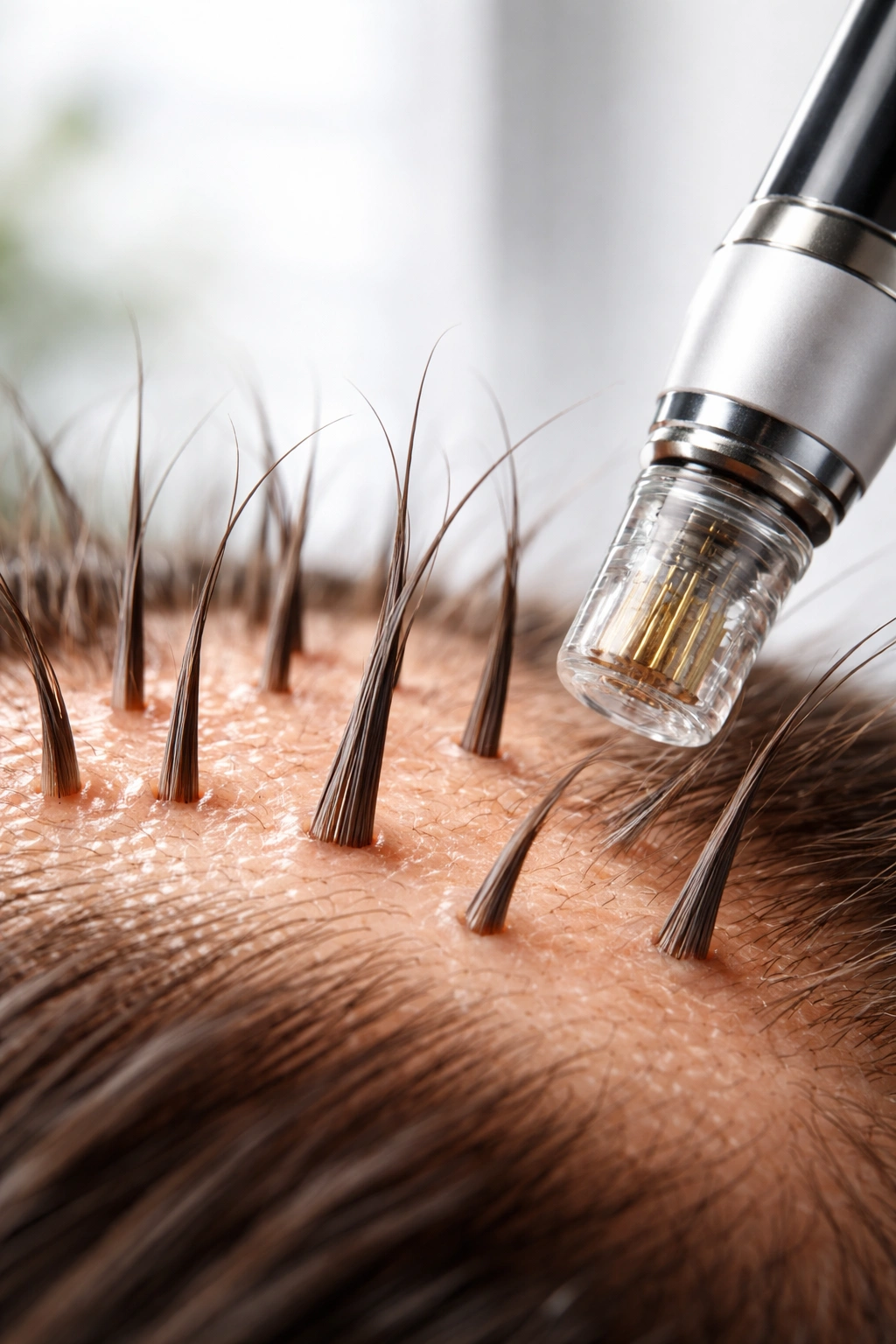 Scalp with healthy follicles and a microneedling device for hair growth