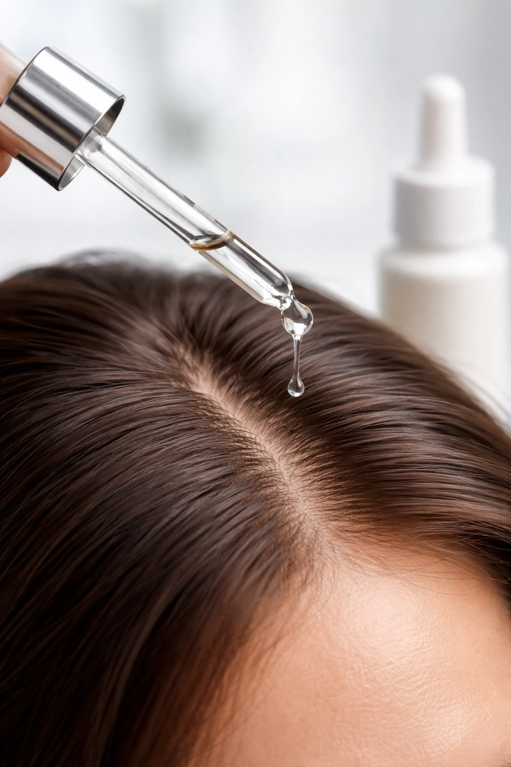 Close-up of scalp with topical hair loss treatment applied via dropper