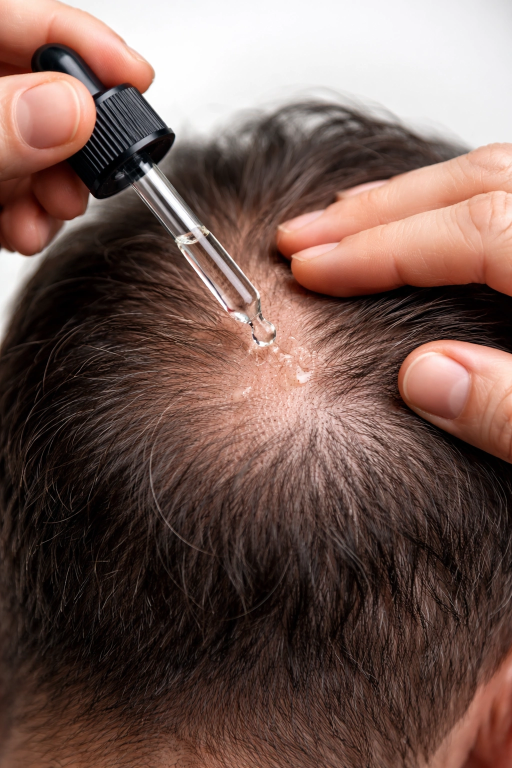 Hands applying topical scalp treatment on thinning areas