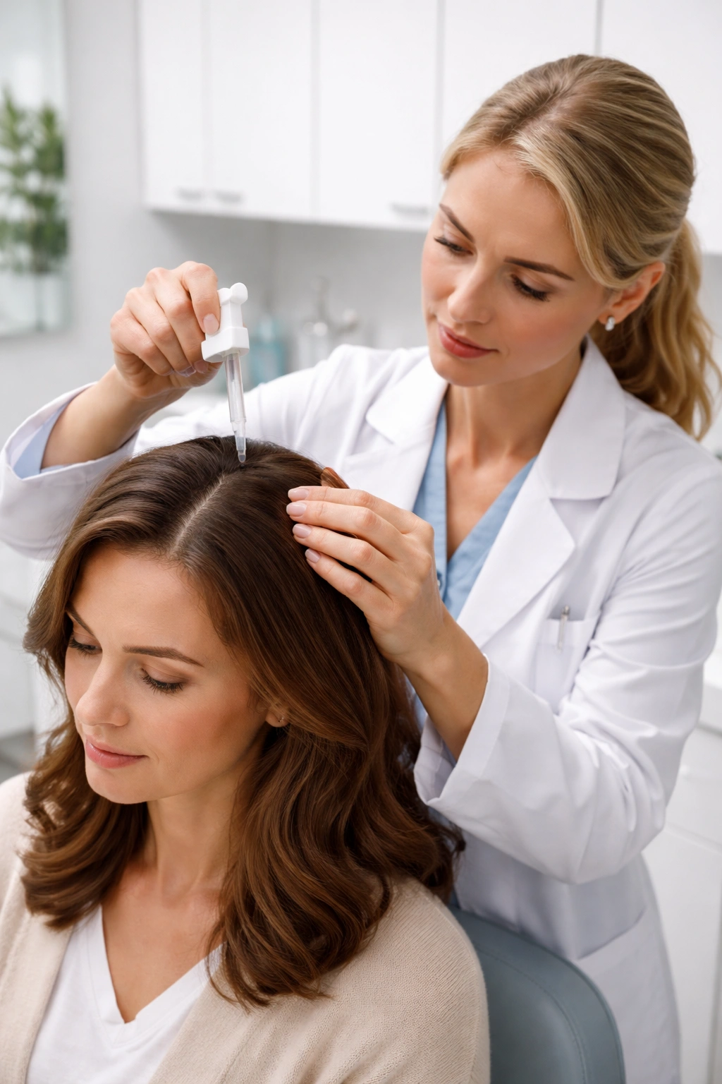 Dermatologist applying topical treatment to patient's scalp