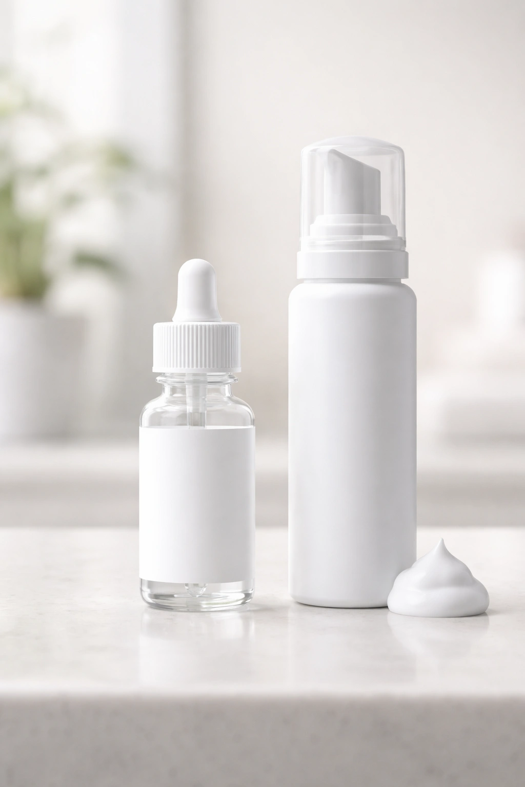 Unlabeled minoxidil bottle and foam container on a clean surface