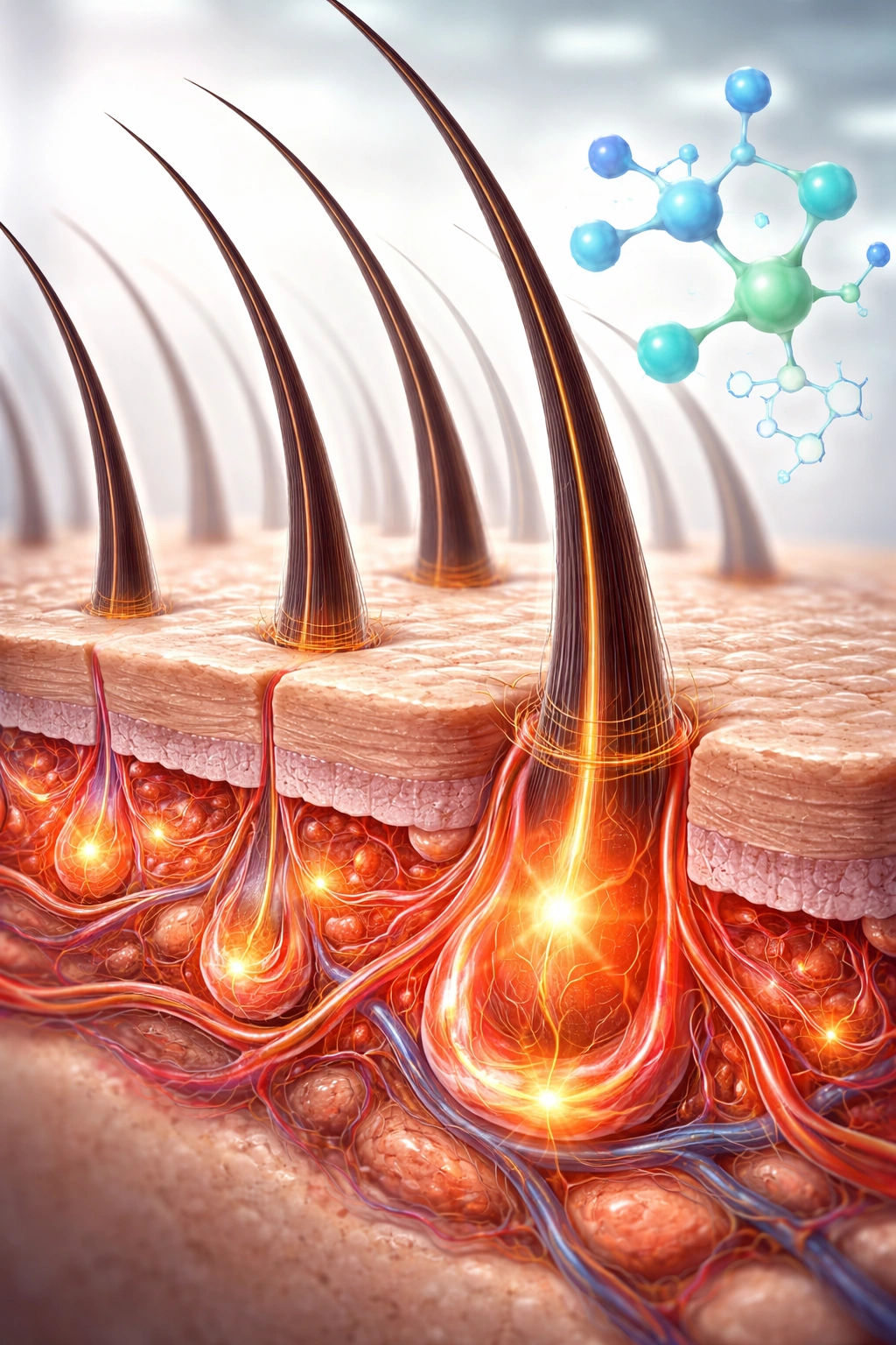 Stylized scalp cross-section showing hair follicles and increased blood flow