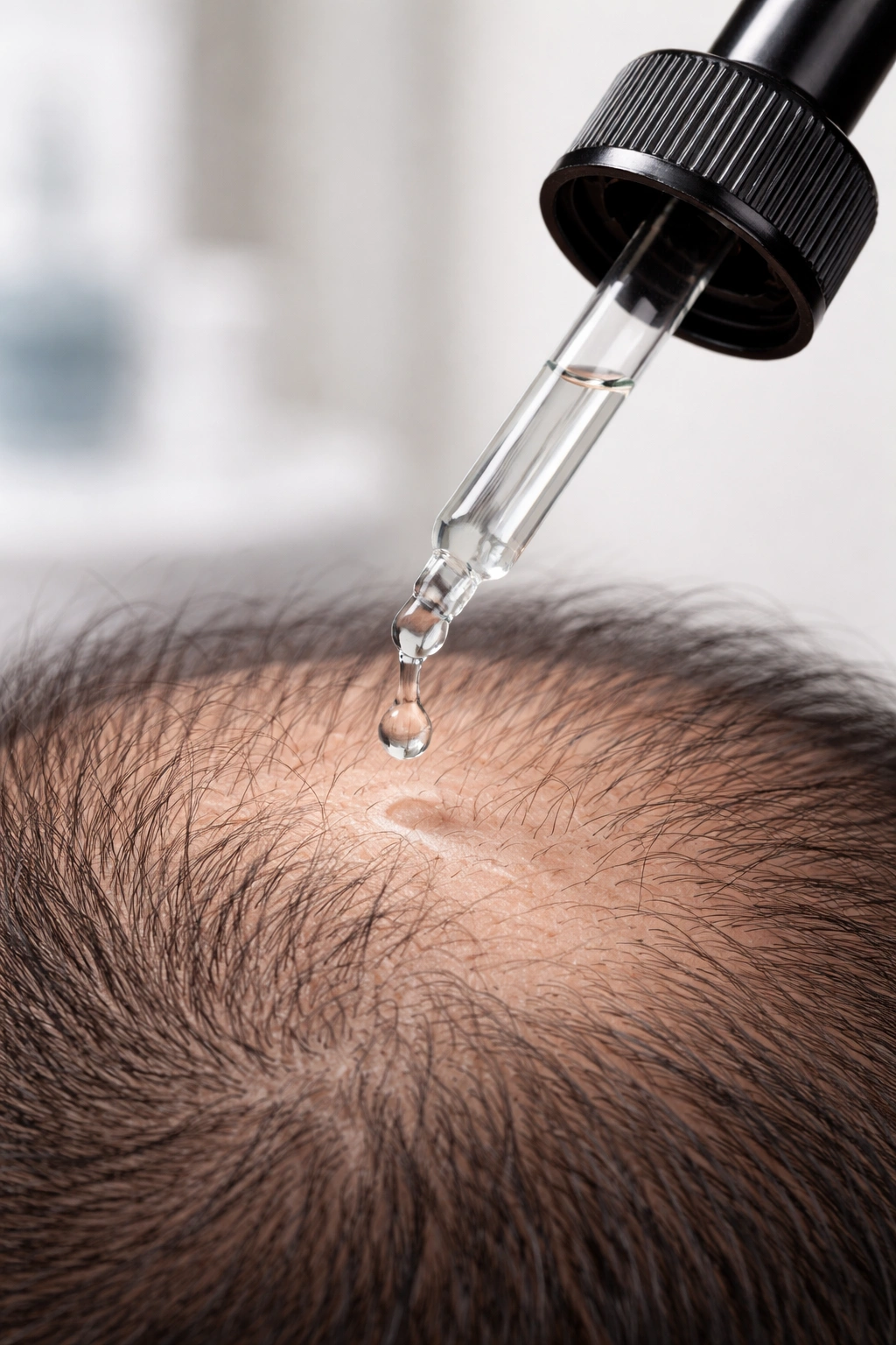 Close-up of a dropper applying clear liquid to a scalp patch with fine hairs