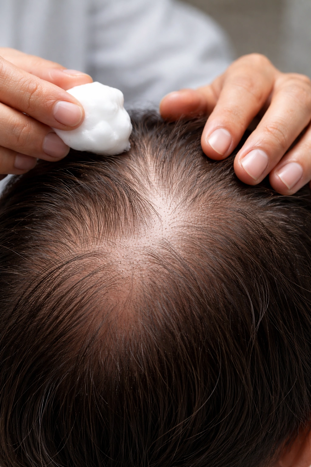 Scalp with fine hairs and topical treatment being applied