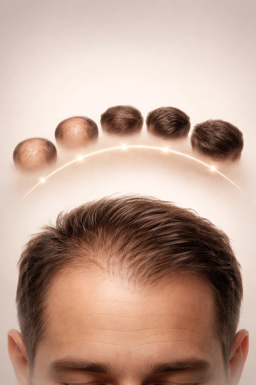 Progression of hair density over time depicted by a sequence of scalp illustrations